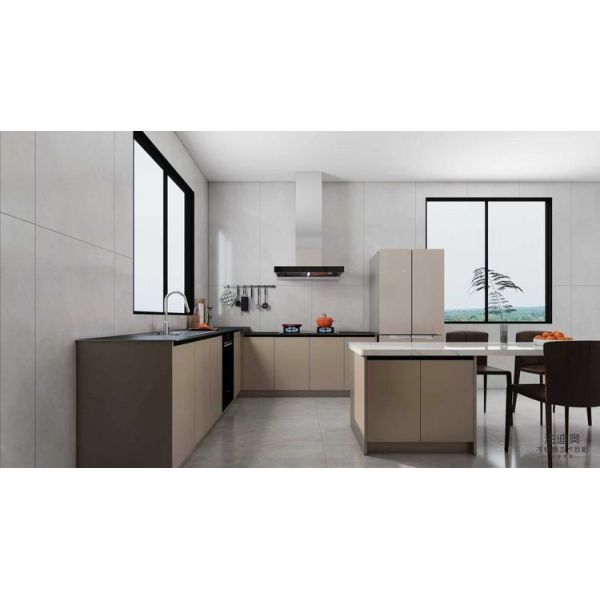 Beige Stainless Steel Kitchen Cabinets with Integrated Dining Table
