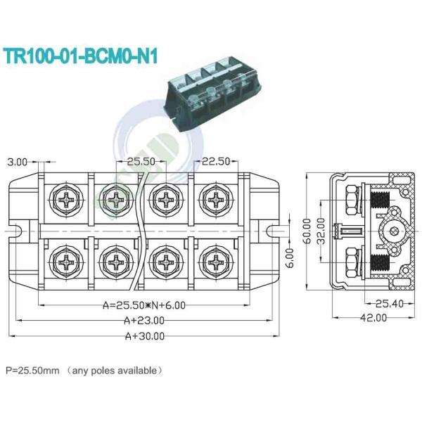 25.50mm High Current Terminal Block 600V 101A Brass Power Terminal Blocks