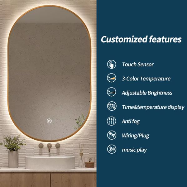 Luxury Wall Mounted LED Mirror IP66 Arched Touch Screen Bathroom Mirror