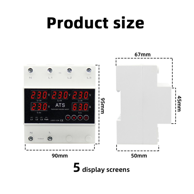 Automatic Transfer Switch 5 Display ATS Over/Undervoltage Overcurrent Protector 63A 80A 100A Three-Way Power Supply CB Type