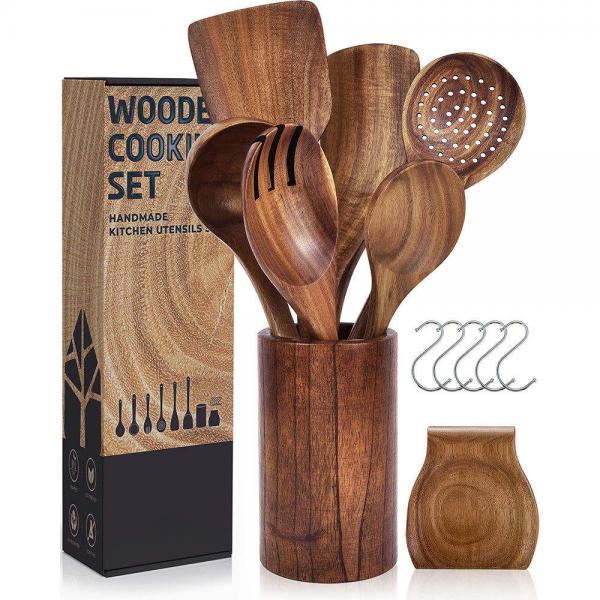 Buy Natural Teak Acacia Cookware Wood Utensil Set 9pcs For Home at wholesale prices