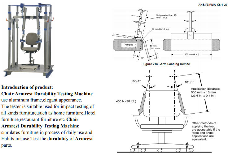 Chair armrest durability testing machine - front view showing testing mechanism
