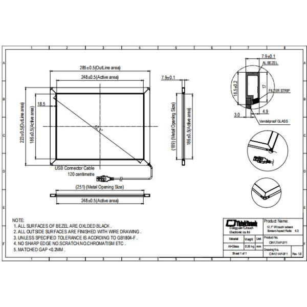12.1 Inch ODM IR Multi Touch Screen , Vandalproof Infrared Touch Panel