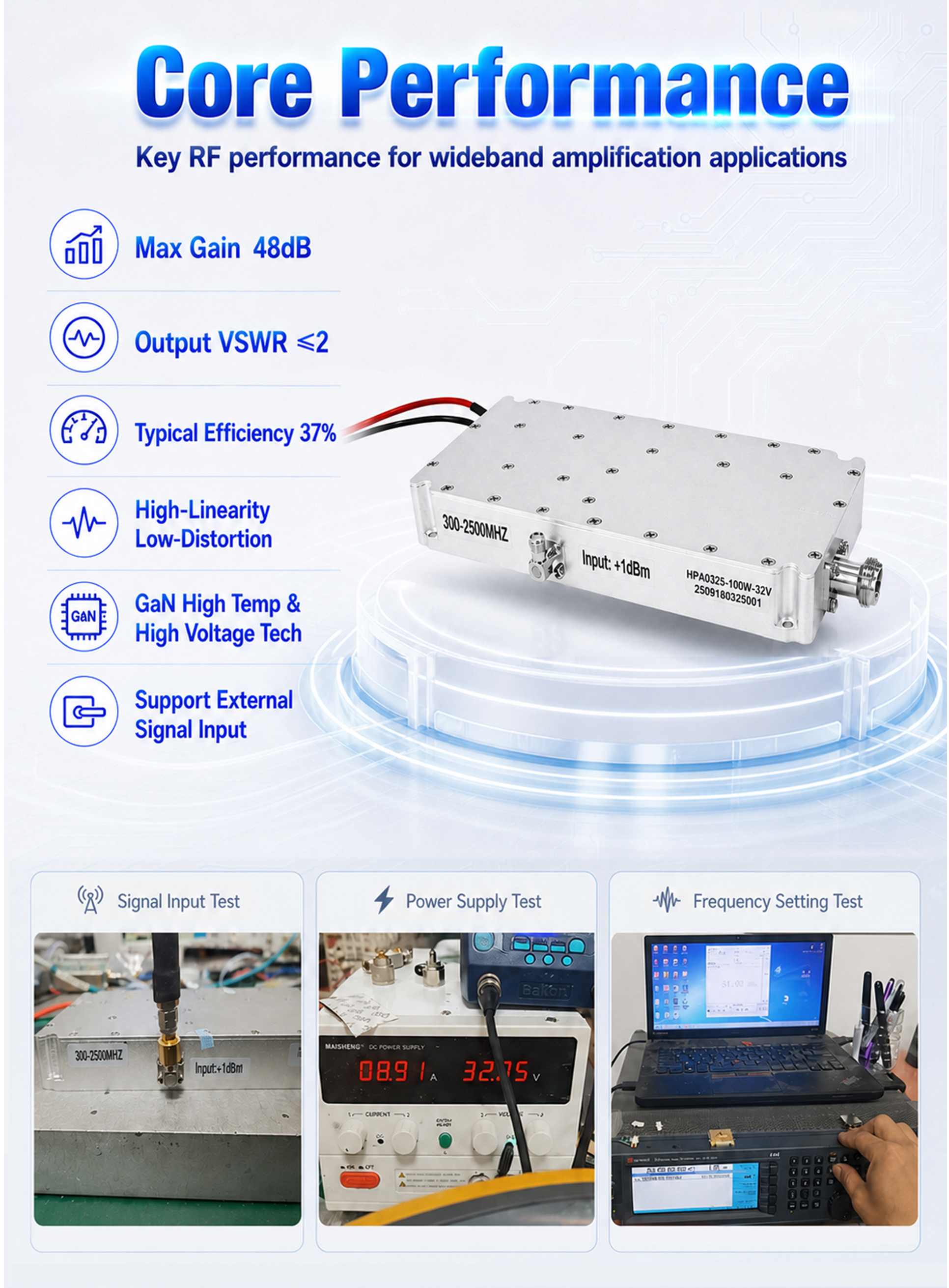 High-Performance Solid-State RF Transmission Module 100W Output Power 300-2700MHz Wideband Real-Time VSWR Monitoring Over-Temperature & ALC Safeguards
