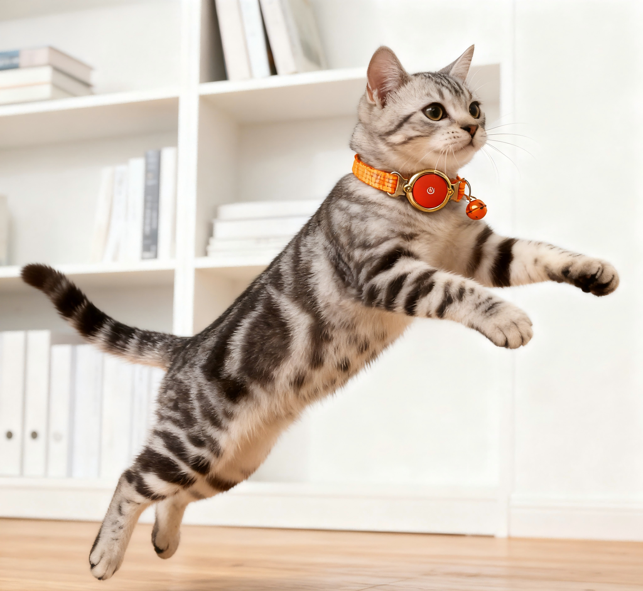 Metal Buckle Pet Collar for Cats Orange Smart Round Power Button Bell Durable Webbing