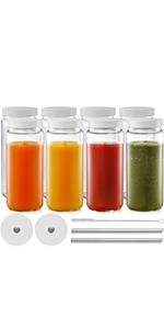 Glass Juicing Bottles with 2 Straws & 2 Lids w Hole- 16 OZ Travel Drinking Jars, Water Cups with Black Airtight Lids