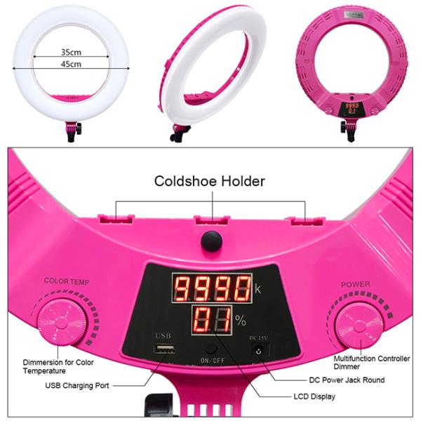 Pink Warm Selfie Ring Light Bluetooth 4800lux Blogger Ring Light