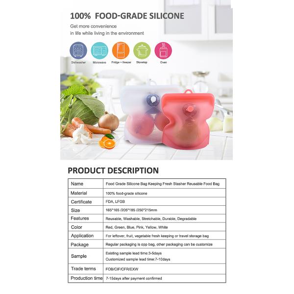 Airtight Silicone Food Pouches 1500ml Reusable Silicone Bags For Sandwich Snack