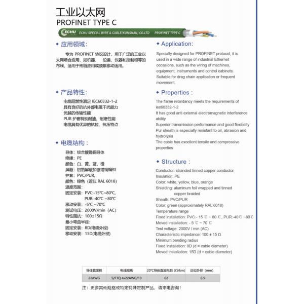 Industrial Ethernet Cable Profinet Type C, suitable for drag chain