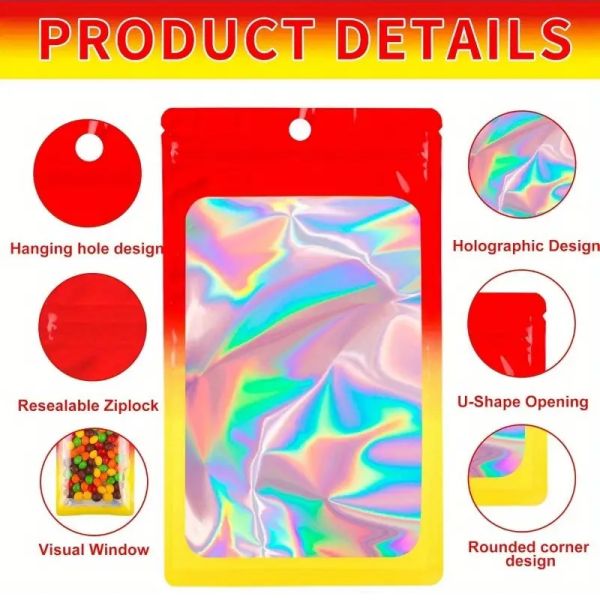 Custom Gravure Printing 3.5g Small Plastic Clear Silver Holographic Mylar Stand Style Reusable Food Packaging Zipper Pouch Bags