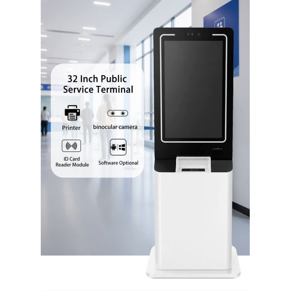 32 Inch Floor Standing Touch Kiosk Windows Android Face Recognition Smart Visitor Management Terminal Receipt Printer SDK LCD