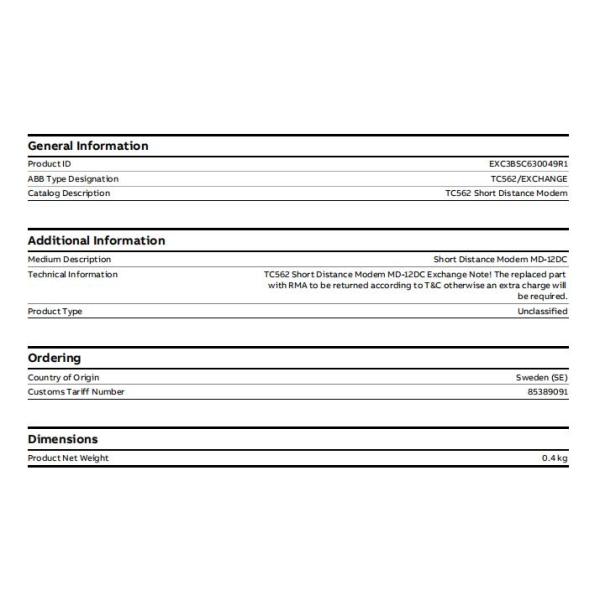 TC562 3BSC630049R1 ABB Short Distance Modem