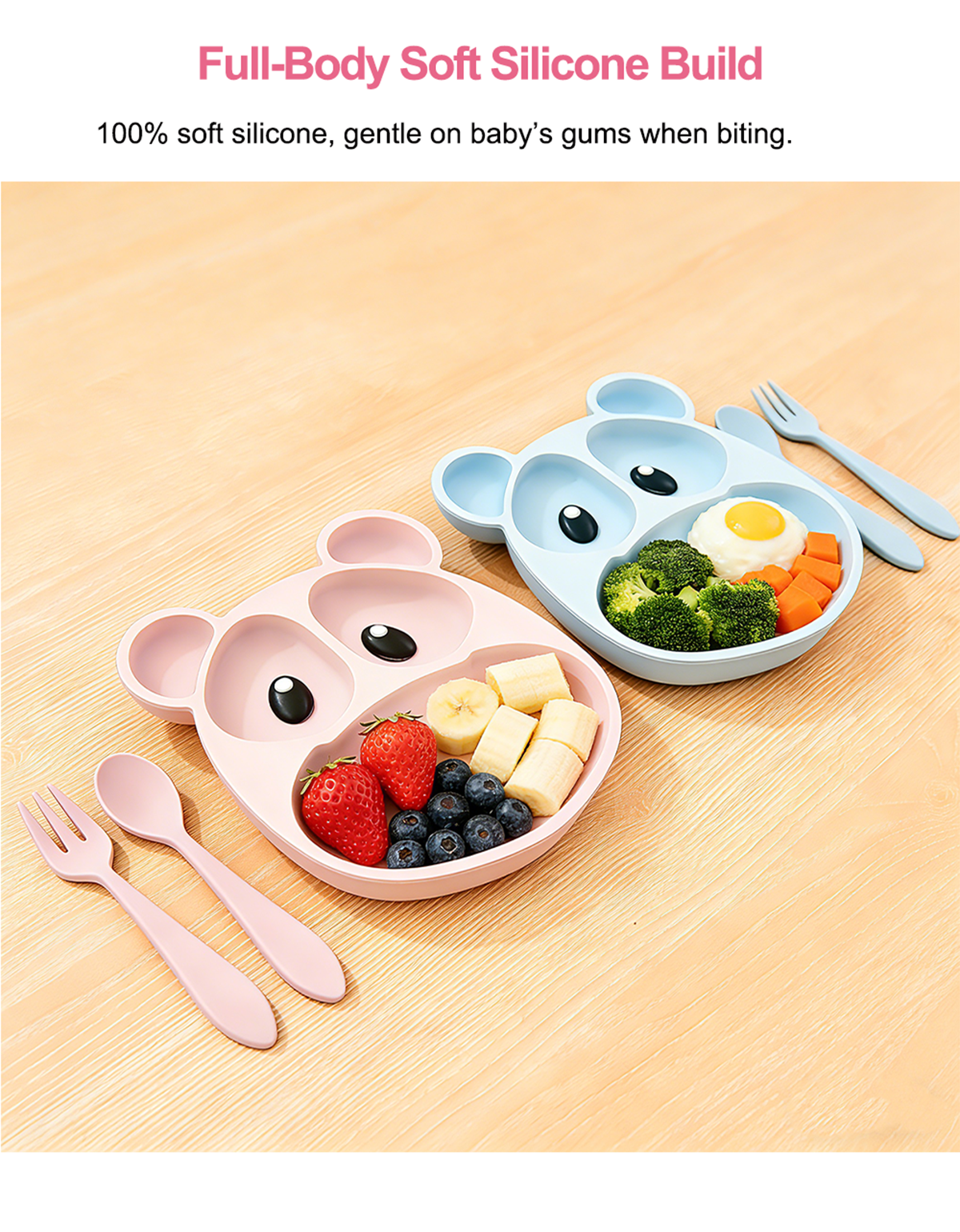 Baby Feeding Set Multi Compartment Silicone Kids Dining Plate Cartoon Bear Design Fork Spoon Non Toxic Heat Resistant Dishwasher Safe