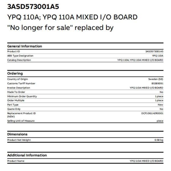 YPQ110A 3ASD573001A5 ABB ULMA I/O Module