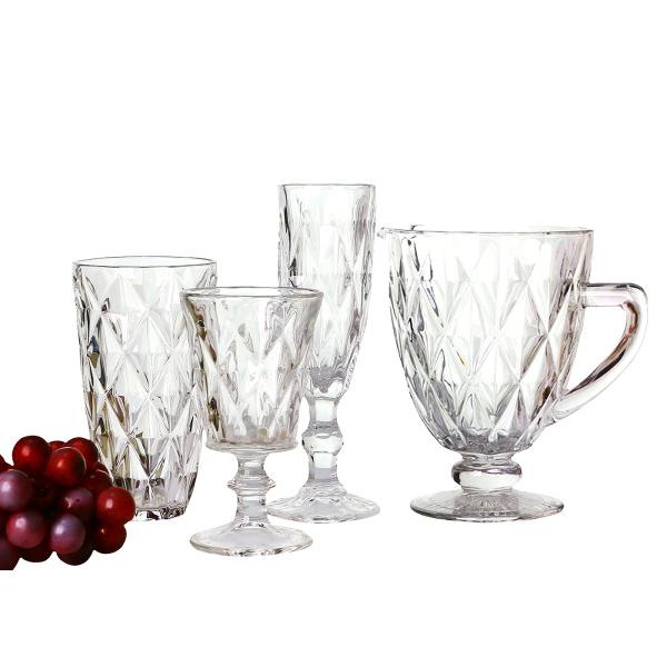 Diamond cutting Embossed Pattern Crystal Glass Wine Goblet, Hand Pressed Vintage Glass
