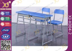 Quality Double School Desk And Chair With Cabinet / Colorful Steel Frame Fixed for sale