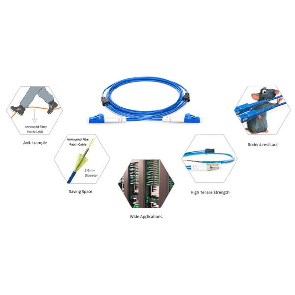 Armored 3.0mm 9 / 125μm Fiber Optic Patch Cable LC UPC Unitube Duplex Soft Helical Stainless Steel Tube PVC Blue jacket