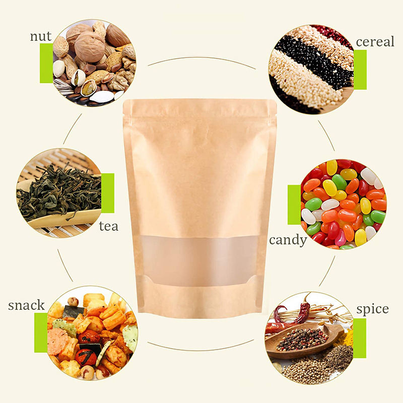 Custom Matt Kraft Standup Bag Clear Window PE Plastic Zip Lock Doypack Retort Food Packaging Gravure Printing Paper Bags