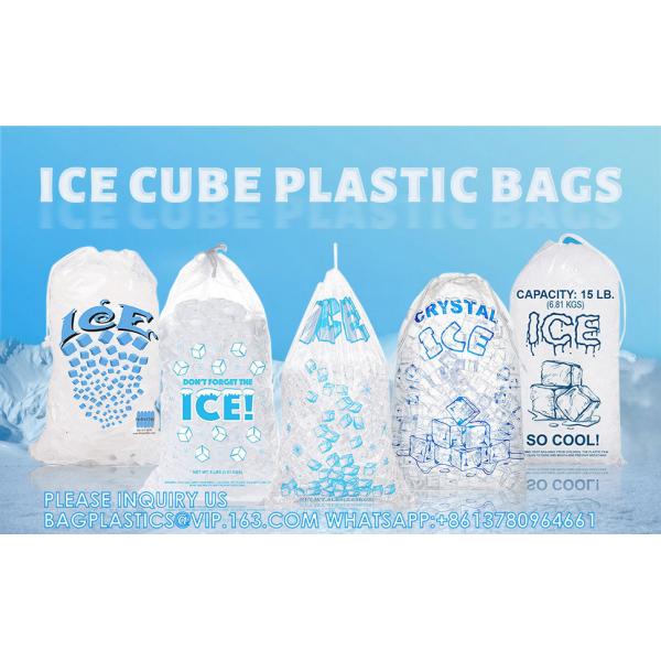 Reusable Ice Pattern Design Printing 2mil Thickness Heavy-Duty Plastic Ice Cube Storage Bags With Cotton Drawstring