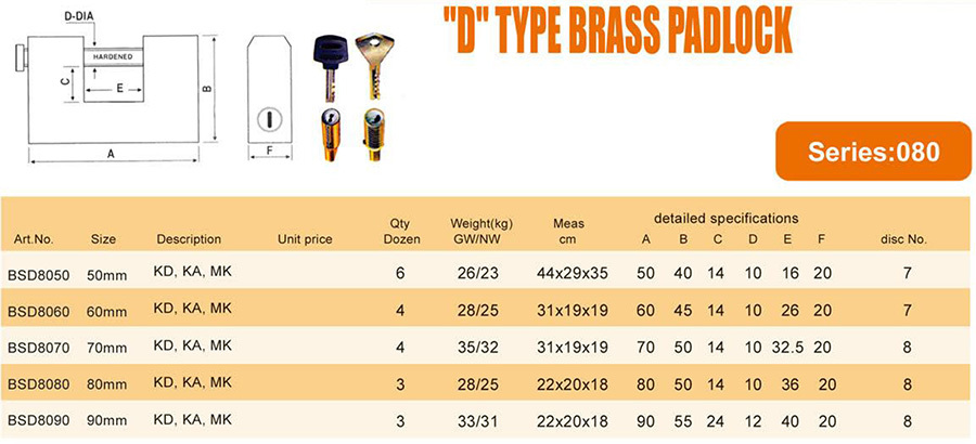 D Type Brass Padlock product image showing security features and construction