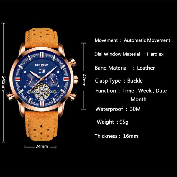 Blue Dial Automatic Mechanical Watch Soft Brown Genuine Leather
