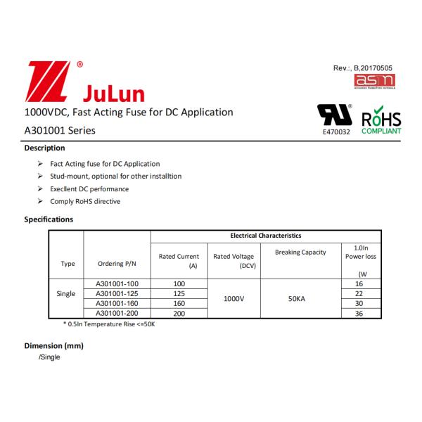1000VDC Stud Mount Fast Acting Fuse For DC Application