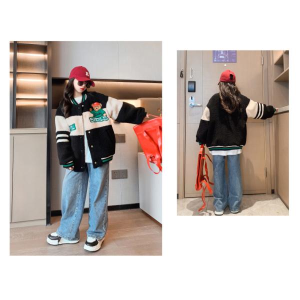 Thickened Bear Embroidered Baseball Lambswool Jacket