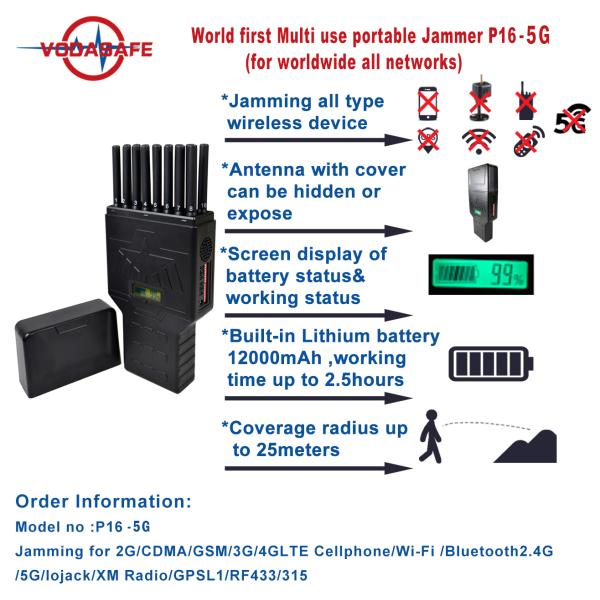 Polyester Pu 25m Radius 16W 12000mAh 5G Jammer Blocker