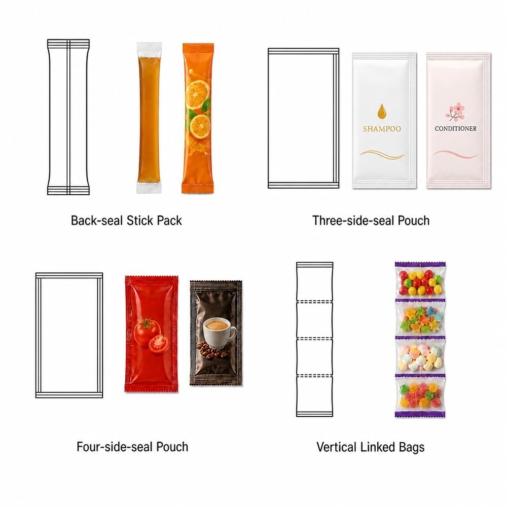 Various products including tomato paste, ketchup, honey, shampoo, candy, and coffee in sachet pouches