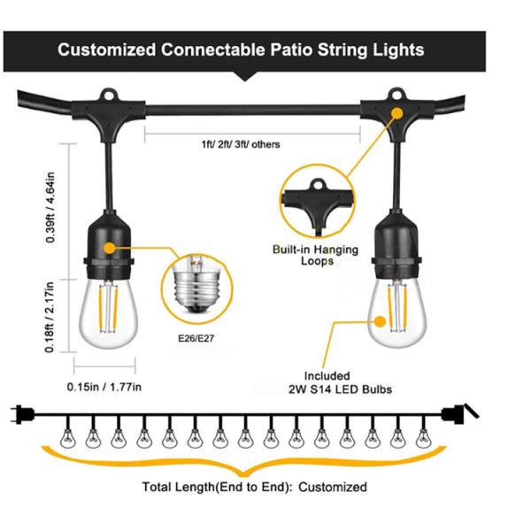 48FT Waterproof LED Black String Lights Outdoor Solar String Lights For Garden Lighting