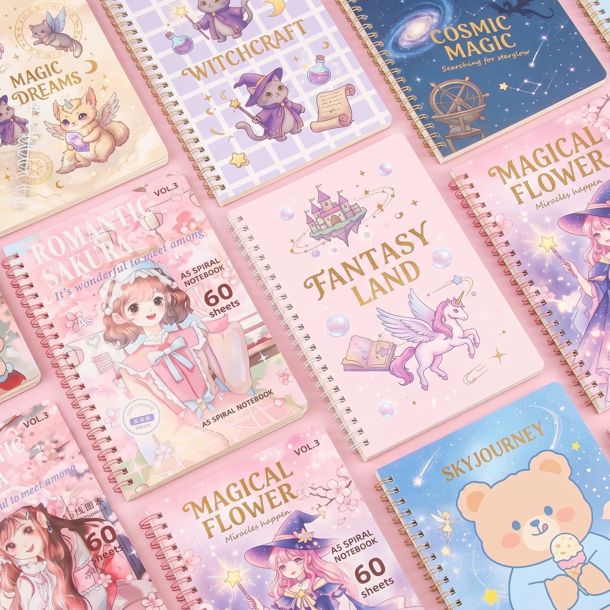 Assorted custom spiral notebooks in various sizes and cover finishes