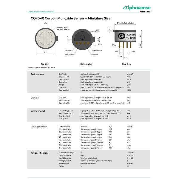Quick Response Time < 25 CO-D4X Carbon Monoxide Sensor with Miniature Size and Sensitivity 18-45