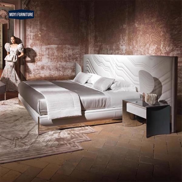 Customized Size Leather Upholstered Frame Bed Headboard Modern Double Back Design Luxury Style King Size Bed Furniture Set