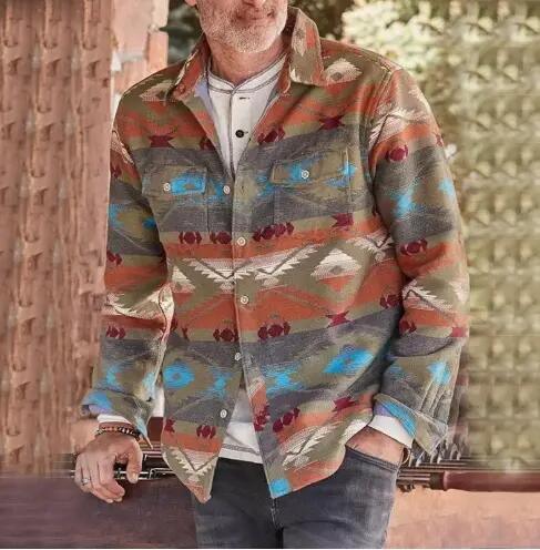 Western Clothing Custom Plus Size Men′s Geometric Pattern Single Breasted Turndown Aztec Style Coats Jackets for Men
