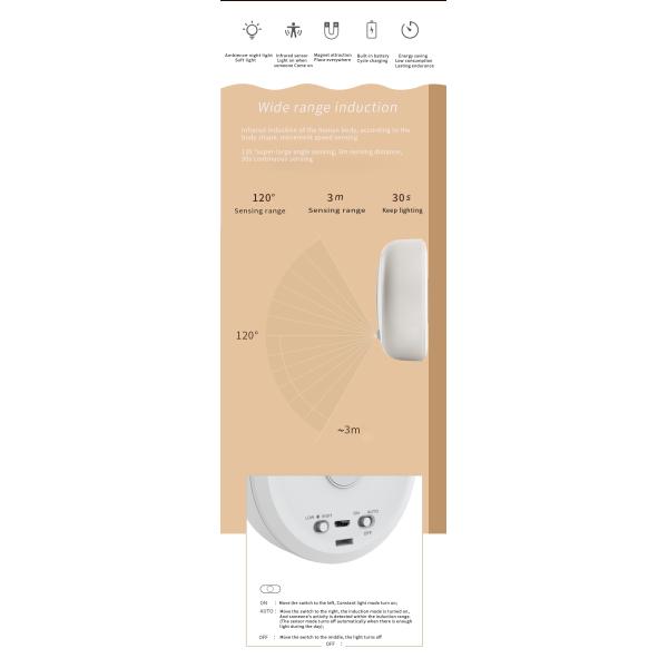 Portable Natural White Dia8cm 4000K USB Rechargeable Motion Sensor Light Moon Shape