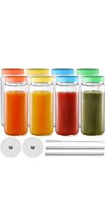 Glass Juicing Bottles with 2 Straws & 2 Lids w Hole- 16 OZ Travel Drinking Jars, Water Cups with Black Airtight Lids