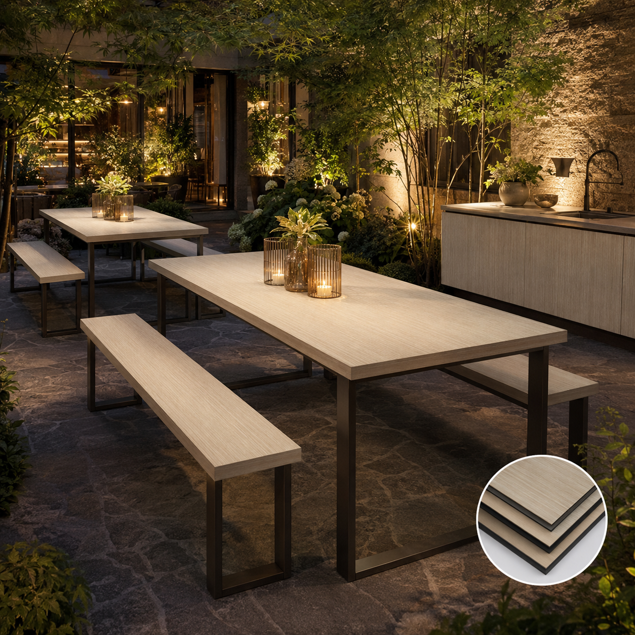 HPL Compact Laminate Outdoor Dining Table Set Weatherproof Anti-Scratch Commercial Patio Table & Chair
