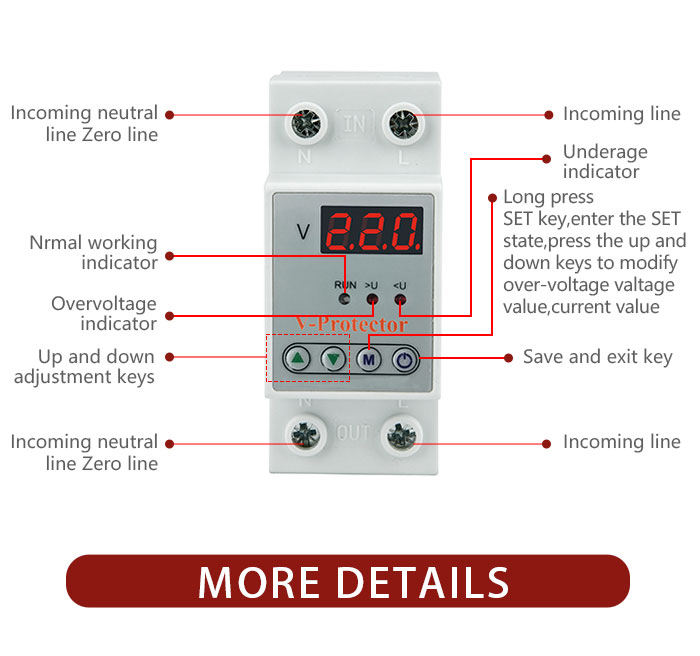 Adjustable 220V AC Single Phase 63A Voltage Protector LED Display Copper PC Material Din Rail Type 1s-90s Time Delay Recovery