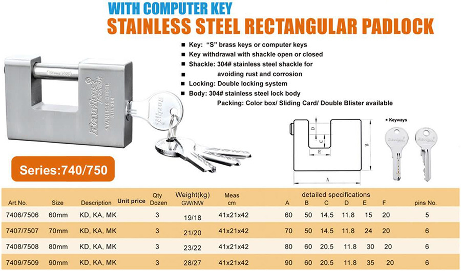 Stainless steel rectangular padlock with computer key security system