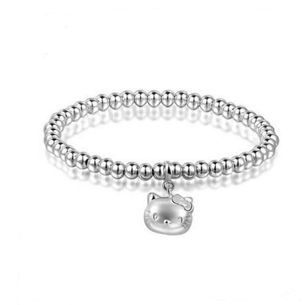5mm Sterling Silver Beads Bracelet with 925 Silver Cat Charm 6.5 inches (B120703)