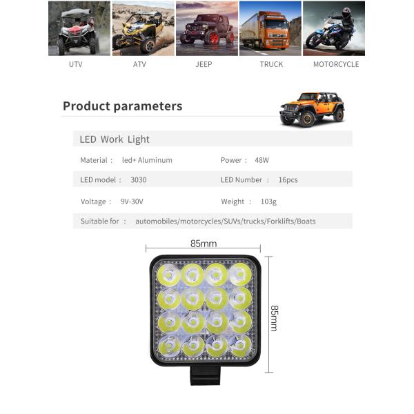 48W 16LED 4WD Square Led Work Lights Off Road Work Light