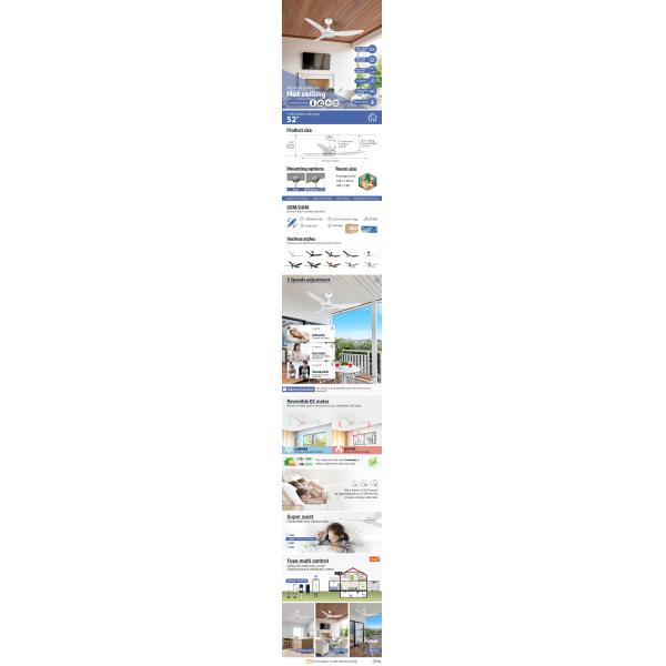 52 Inches White Ceiling Fan Without Light ABS Blade Smart APP Control