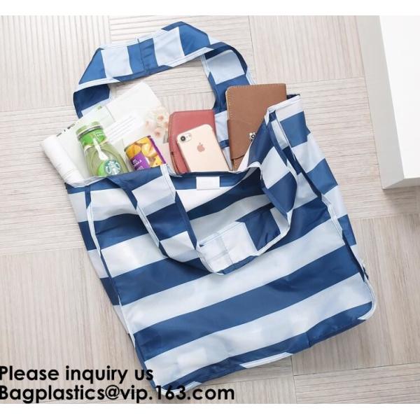 Printing Logo Polyester Handled Foldable Tote Bag With Snap Closure Foldable Bag Pocket Folding Nylon Shopping Bag