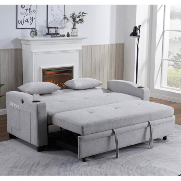 Queen Size Convertible Sleeper Sofa Bed, Comfortable Pull-Out Bed with Adjustable Backrest and USB Charging Port and Cup Holders, Futon Sofa Bed, Gray