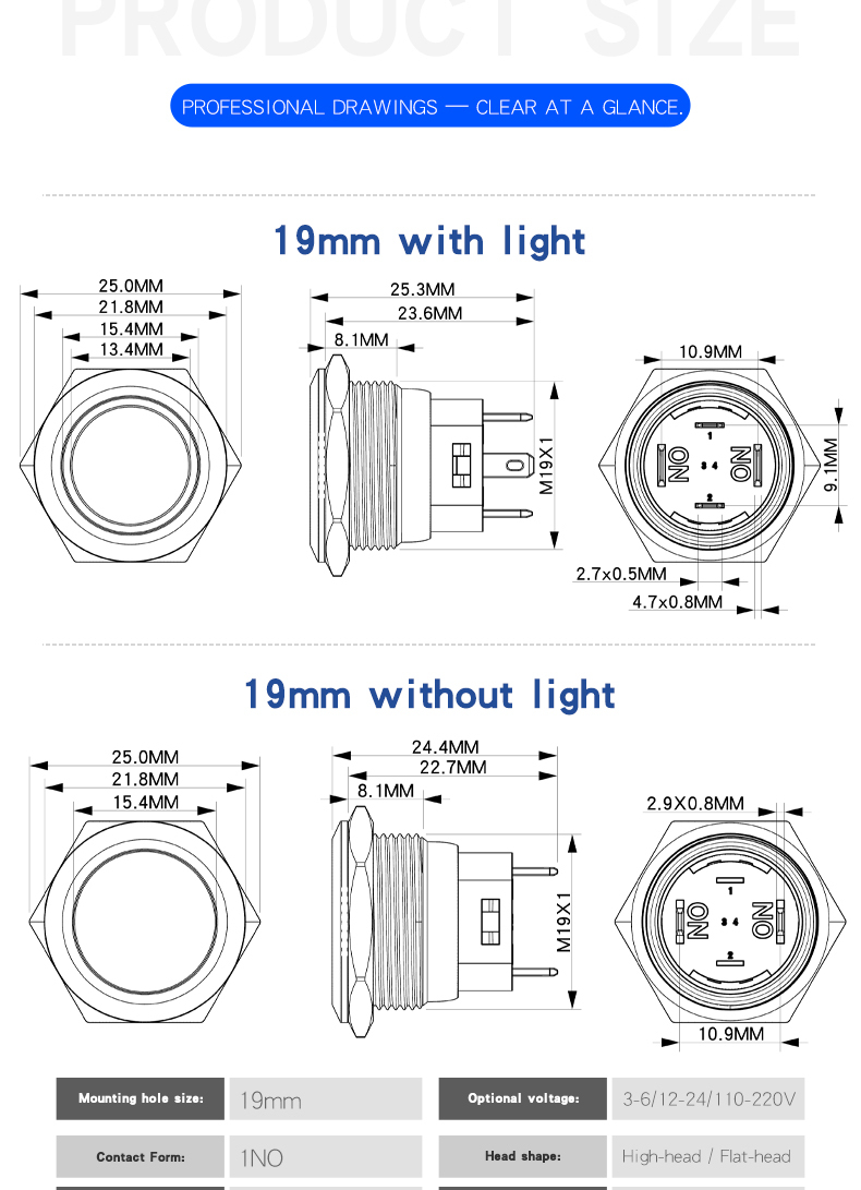 Metal Push Button Switch, Short Type, High Current 19mm Power Button with Light, Self-Locking and Self-Reset Start-Stop Switch