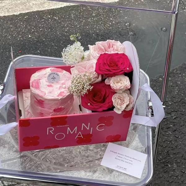 Clear Top Romantic Corrugated Display Boxes Red Floral Cake Packaging Box