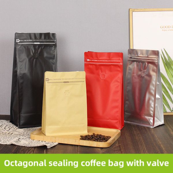 Custom Printed Black Edge Gusseted Stand-Up Pouch Eight Side-Sealed Zipper Flat Bottom Food-Grade Plastic Coffee Packaging Bags