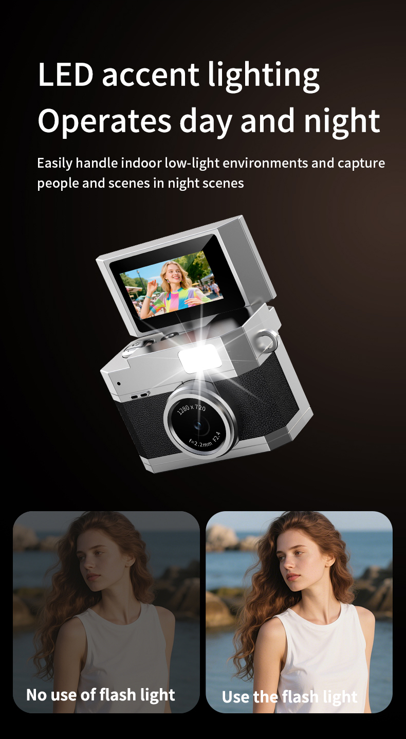 Portable 4K Vlog Camera 48MP CCD Sensor 2.4 Inch Rotatable Screen 8X Digital Zoom Electronic Anti-Shake Smile Capture