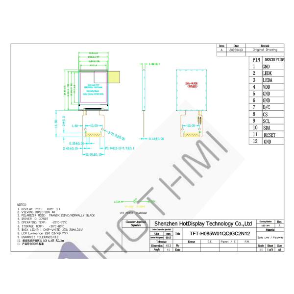 0.85 Inch TFT LCD Display | 128x128 SPI Interface With GC9107