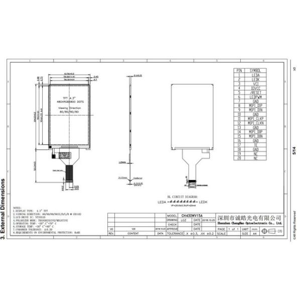 4.3" Mipi TFT LCD Module 350cd/m2 480*800 ISO9001 Lcd Panel Ips